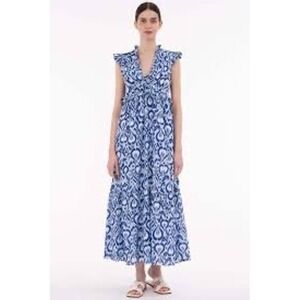Banjanan Blue Woodblock Bird Print Ruffle V-Neck Tiered Cotton Maxi Dress XL